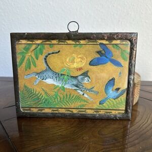 Vintage Artisan Copper Brutalist Framed Cat Blue Birds 7x5 Inch Mirror Reverse